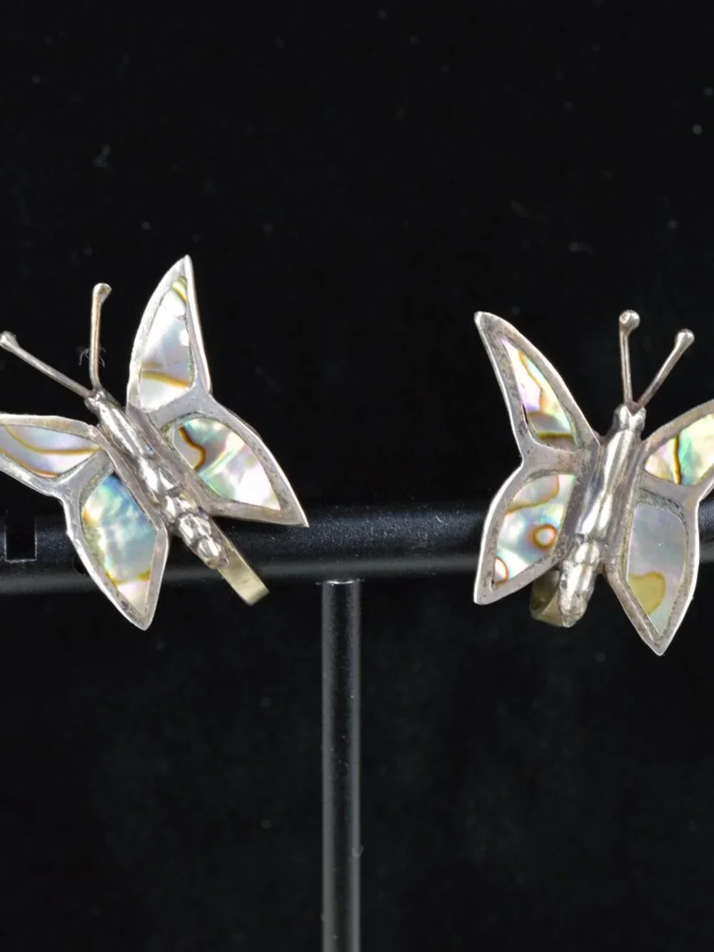 Vintage Mexico Taxco Sterling Silver Abalone Inlay Butterfly Screw Back Earrings
